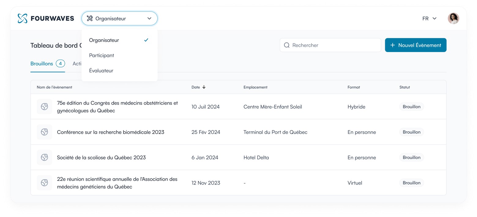 tableau de bord organisateur